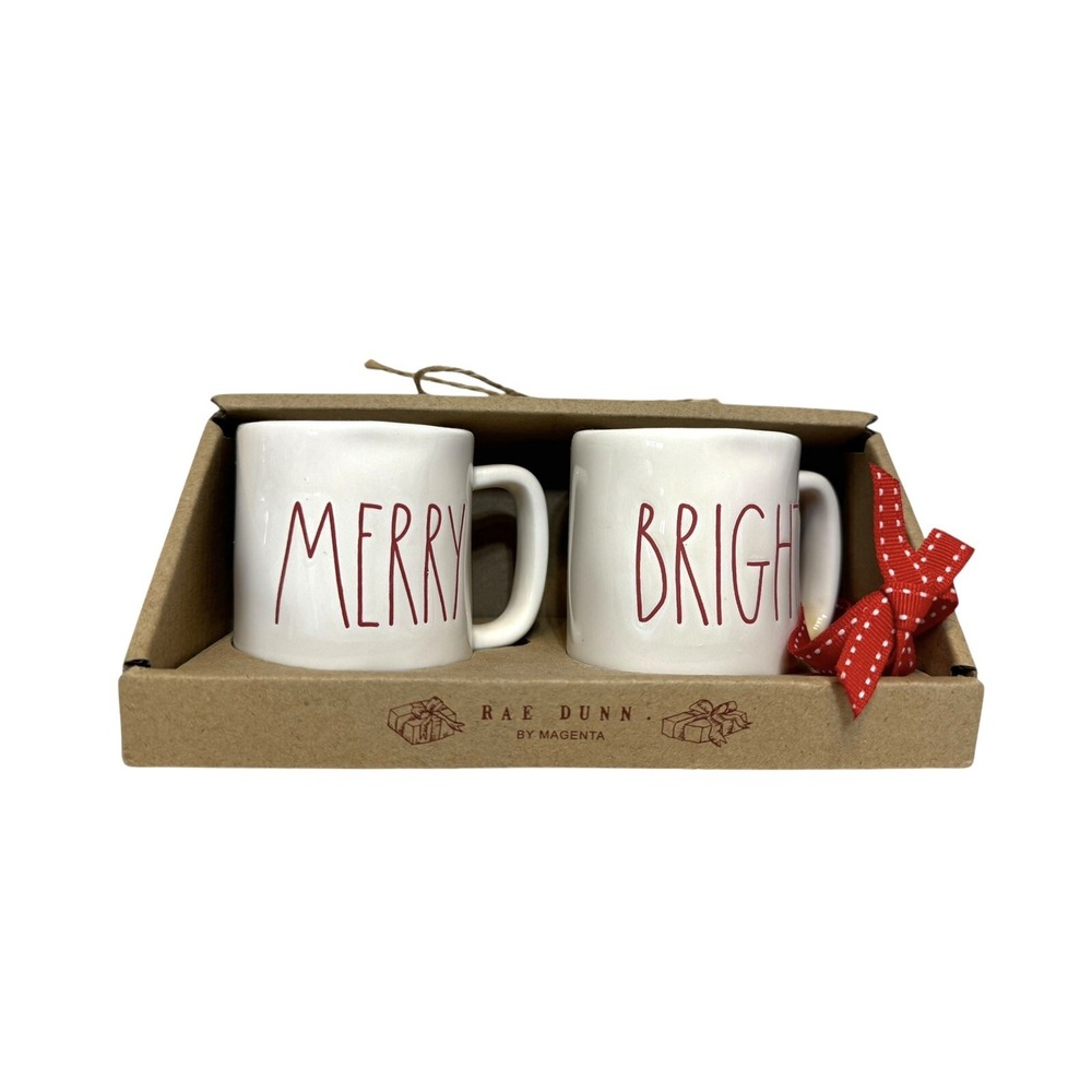 Rae Dunn Mini‎ Mug Ornaments Christmas Holiday Ceramic MERRY & BRIGHT White Red